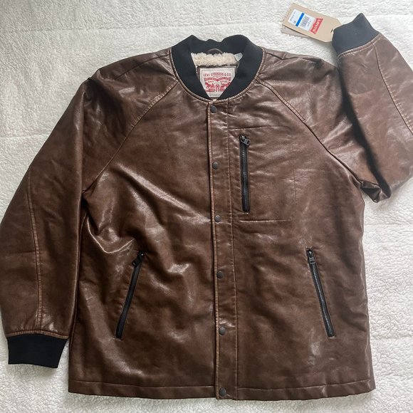XL Mens Brown Faux Leather Levi Bomber Jacket